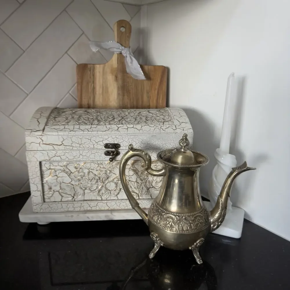 Vintage Ornate Brass Coffee Tea Pot Footed Floral Embossed Decorative Ewer
